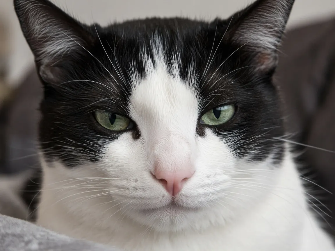 Close up of a black and white cat with green eyes looking at the camera