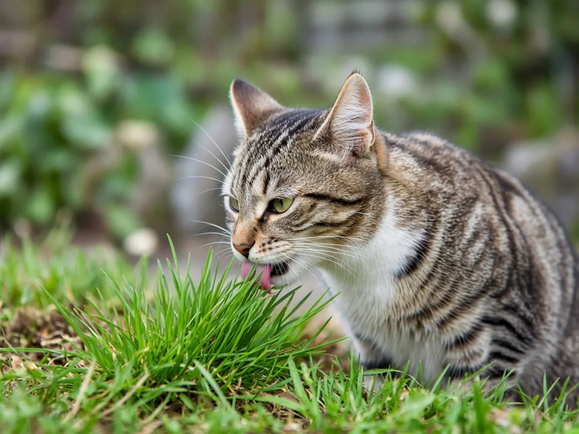 A tabby cat nibbling fresh grass outdoors