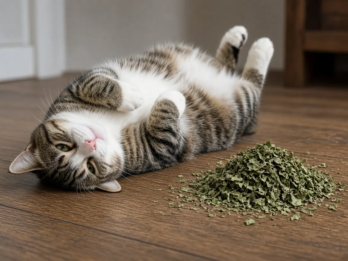 A cat rolling happily on a wooden floor beside a pile of dried catnip