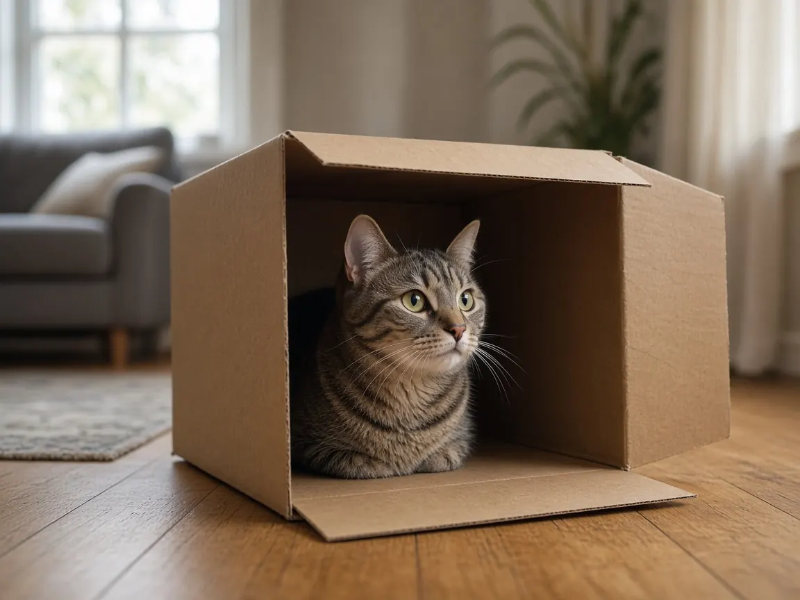 A tabby cat sitting inside a plain cardboard box looking out