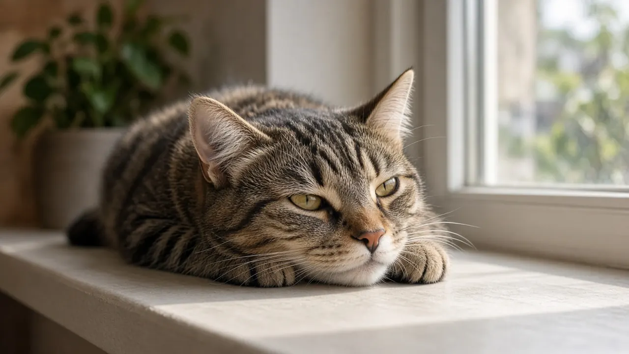 A tabby cat resting on a sunlit windowsill at home