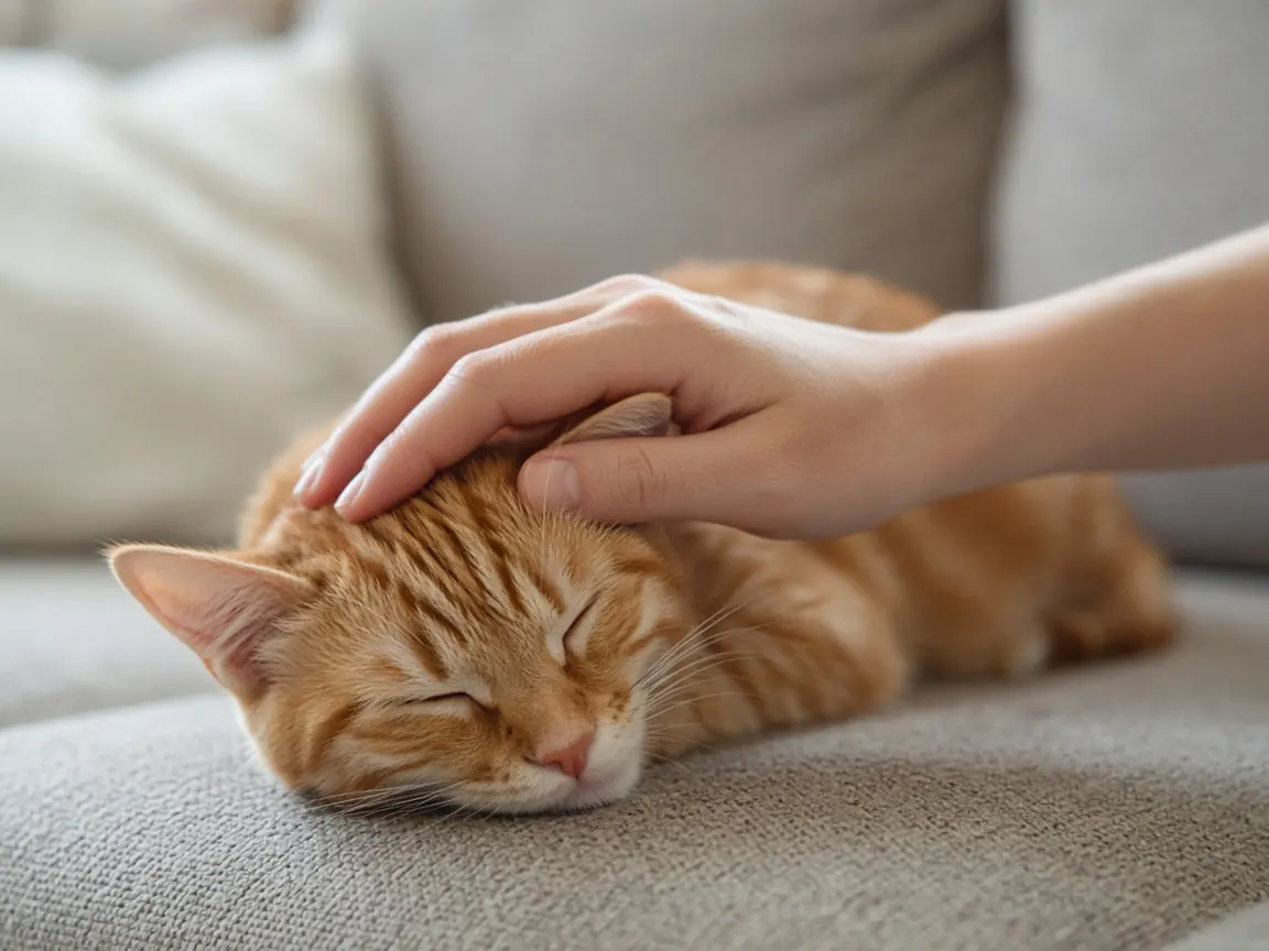 A hand gently stroking a relaxed ginger cat on a sofa