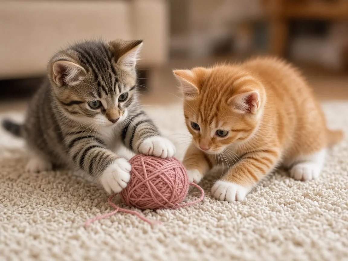 Two kittens playing with a ball of yarn on a rug