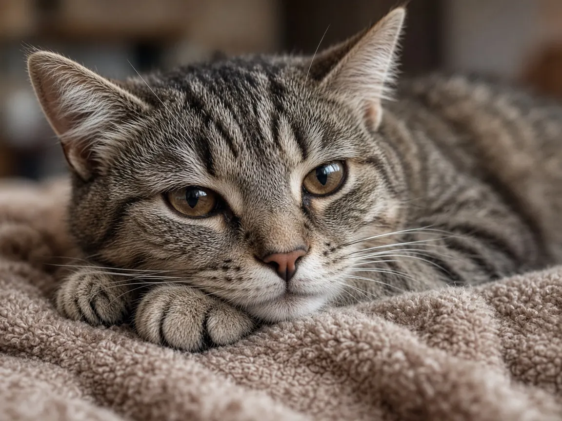 A calm older tabby cat resting on a soft blanket